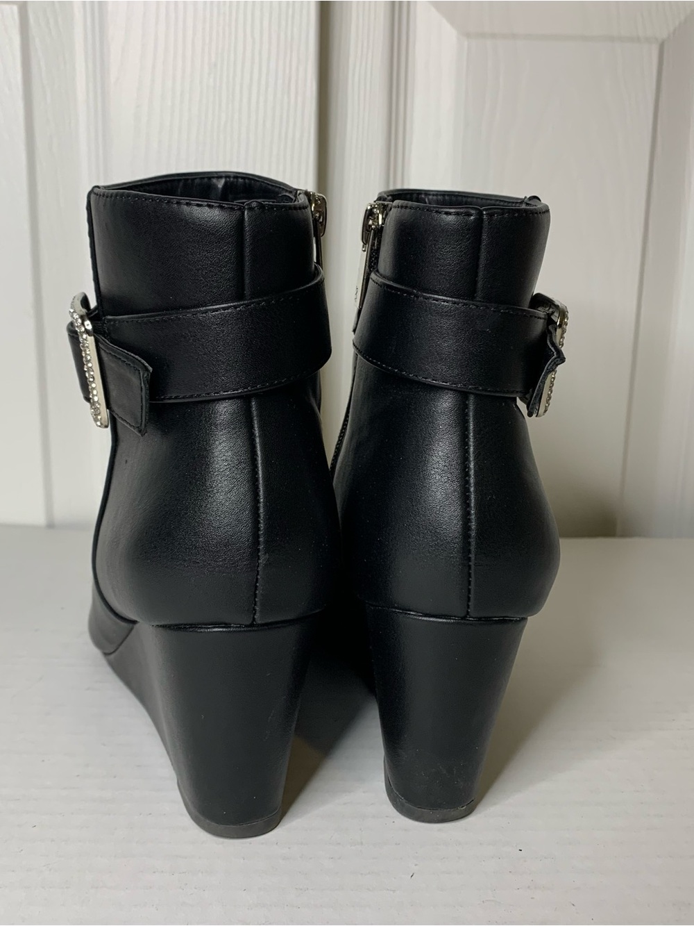 Jones NY Dellon Black Wedge Ankle Boots with Rhinestone Buckle - Picture 3 of 8